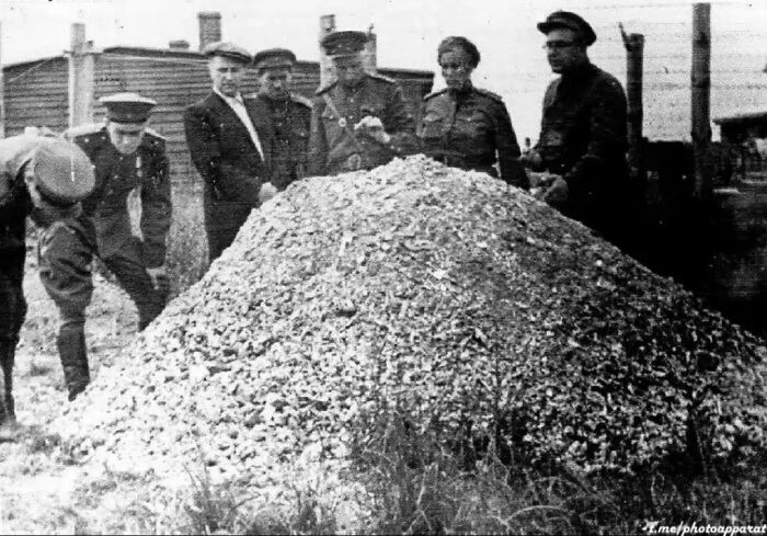 Black and white historical photos show a group of uniformed men gathered around a large pile of what appears to be bone fragments.