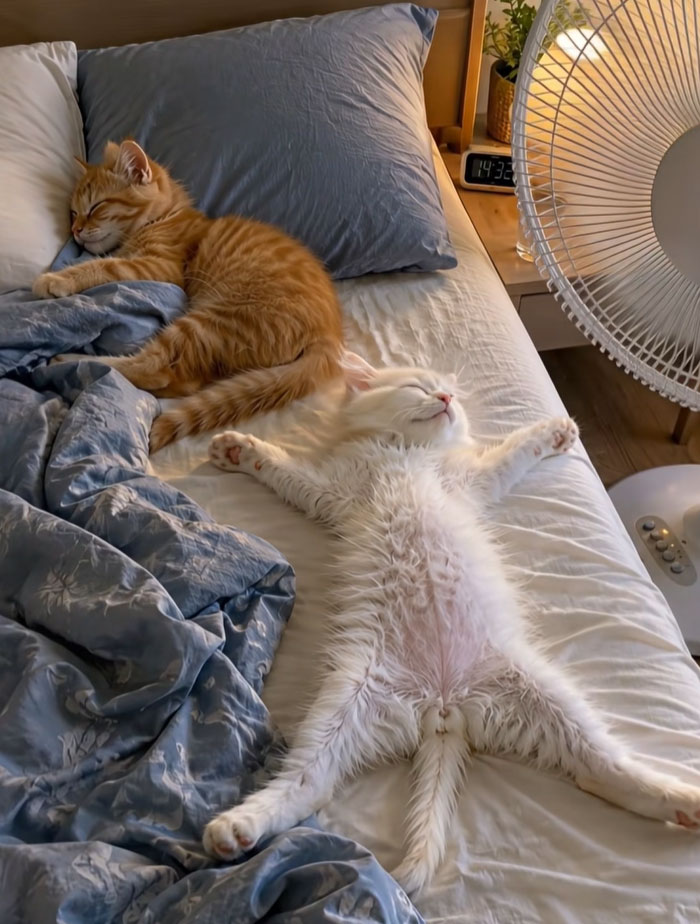 Two cats, one orange and one white, relaxing on a bed with a fan, trying to survive the heatwave.