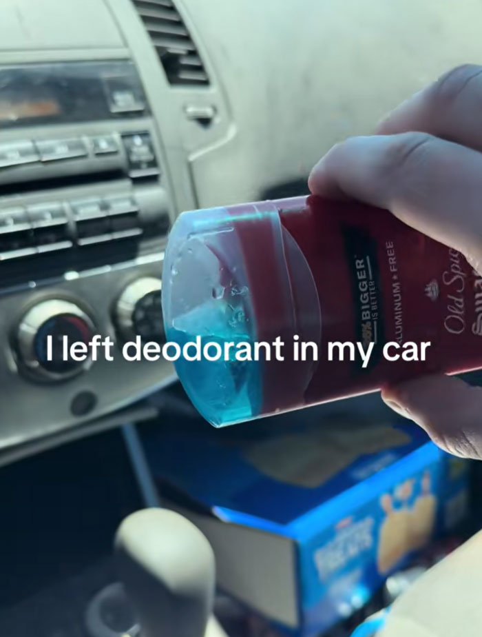 Melted deodorant in a car, illustrating the intense heatwave.