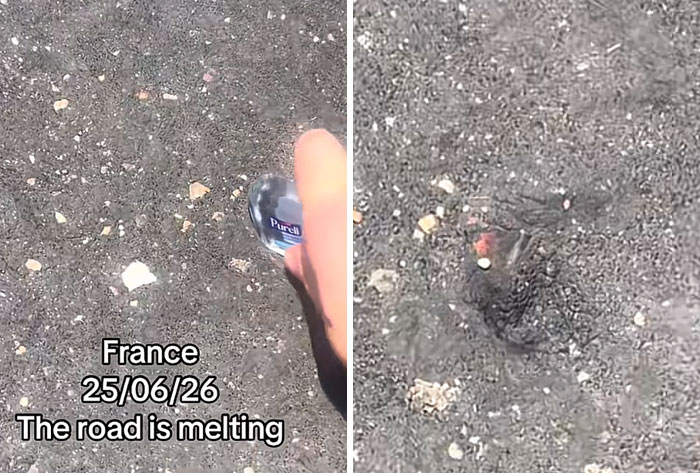 A hand pushing a small bottle into a melting road in France, depicting Europeans trying to survive the heatwave.