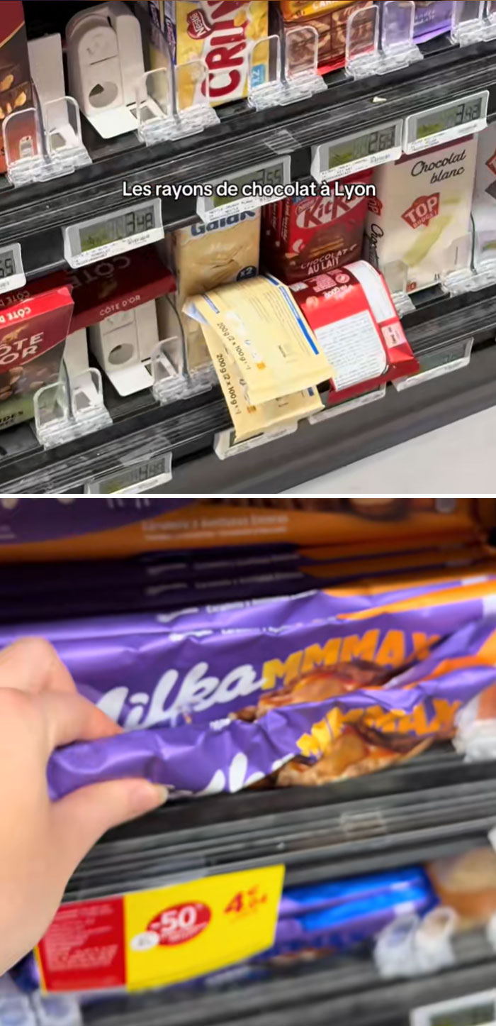 Melted chocolate bars in a grocery store, a result of the heatwave.