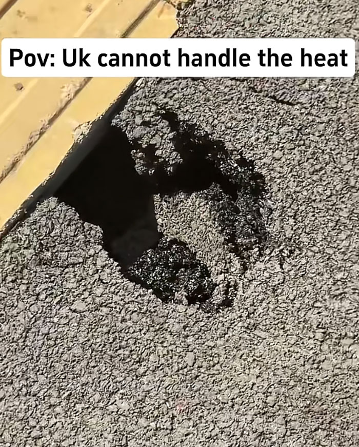A section of melted asphalt on the ground, indicating the severe heatwave experienced in the UK.
