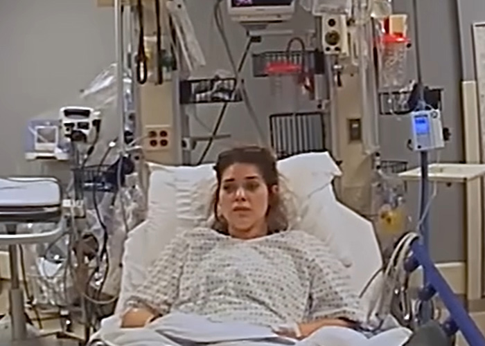 A woman in a hospital gown lying in a bed, illustrating gruesome details from the Taylor Parker case.