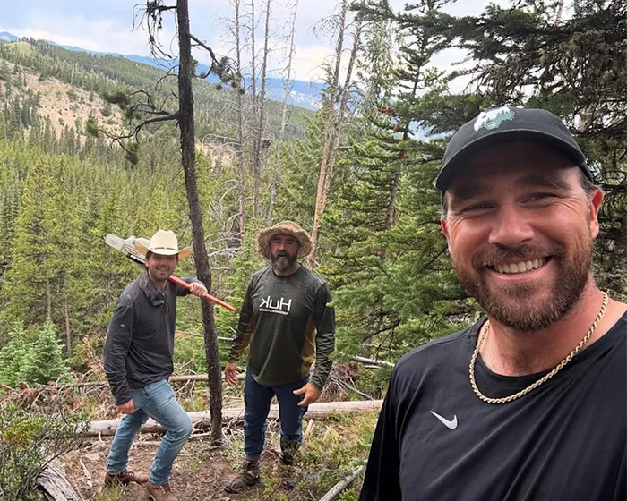 Travis Kelce and friends in a mountain setting, as Taylor Swift's wedding plans cause backlash.