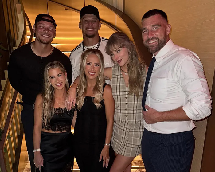 Taylor Swift with Travis Kelce, Patrick Mahomes, and Brittany Mahomes, amid wedding planning controversy.
