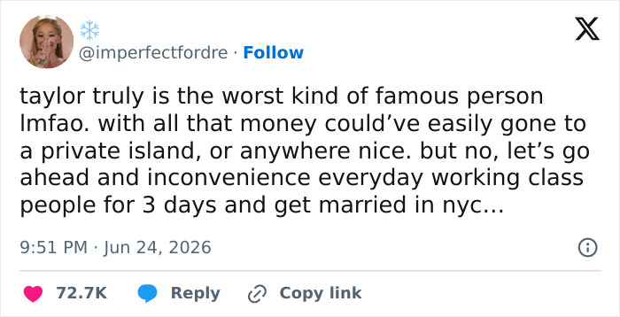 A social media post from @imperfectfordre criticizing Taylor Swift's wedding plans as elitist.