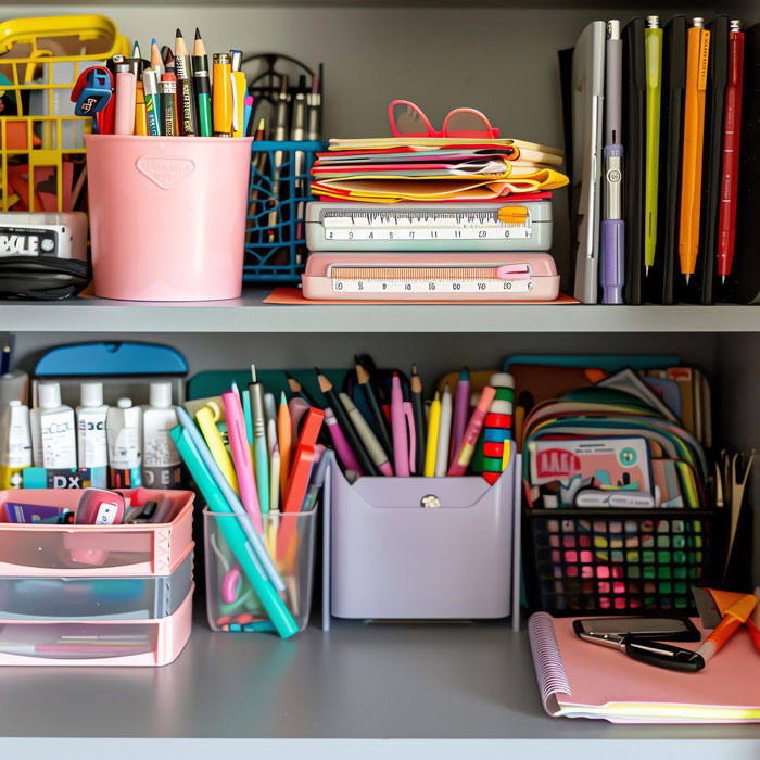Organized classroom supplies and stationery for teacher and student use