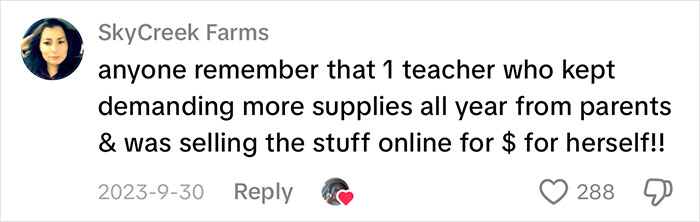 Comment about a teacher demanding supplies and selling them online