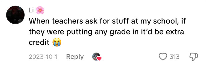 Comment discussing teachers asking for supplies should count as extra credit