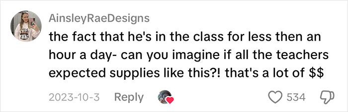 Comment discusses impact of classroom supplies expectations on students