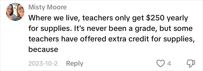 Comment explaining teachers get limited yearly budget for supplies and extra credit offers