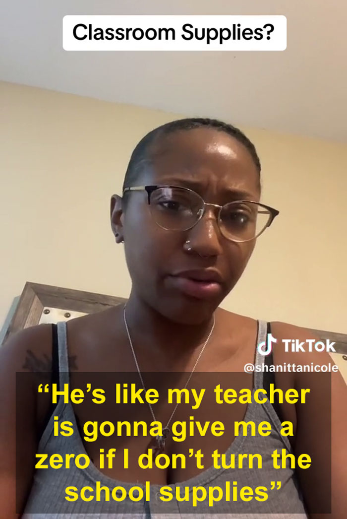 Woman talks about teacher giving a zero for not turning in school supplies classroom supplies
