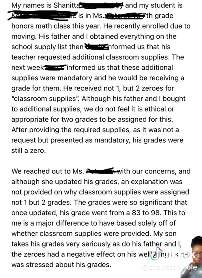 Screenshot of parent's message describing student grade zero for classroom supplies