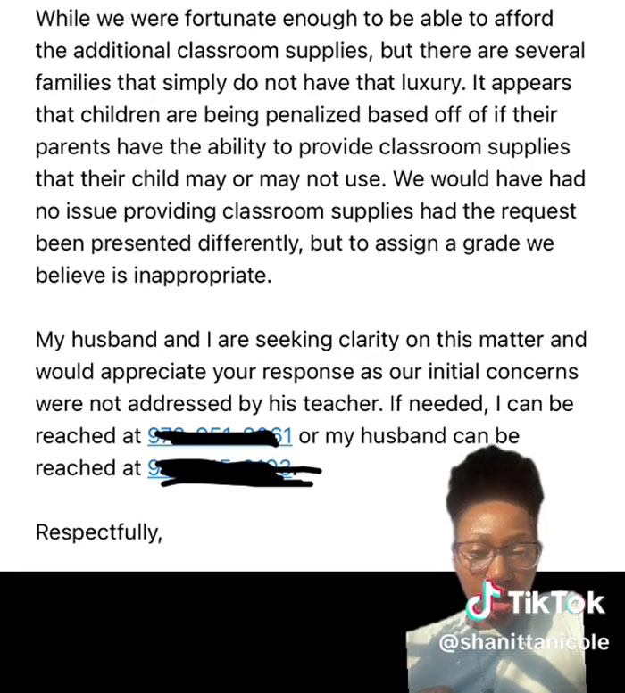 Screenshot of parent's letter questioning grading based on providing classroom supplies
