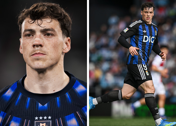 A split image of a World Cup heartthrob, on the left with a nose bandage, on the right in a blue and black striped jersey.