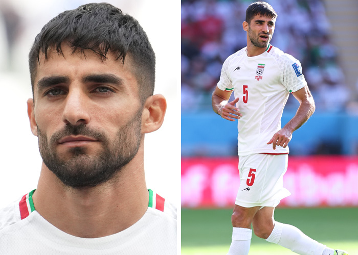 A split image of a World Cup heartthrob, on the left close-up, on the right in a white Iran national team jersey.