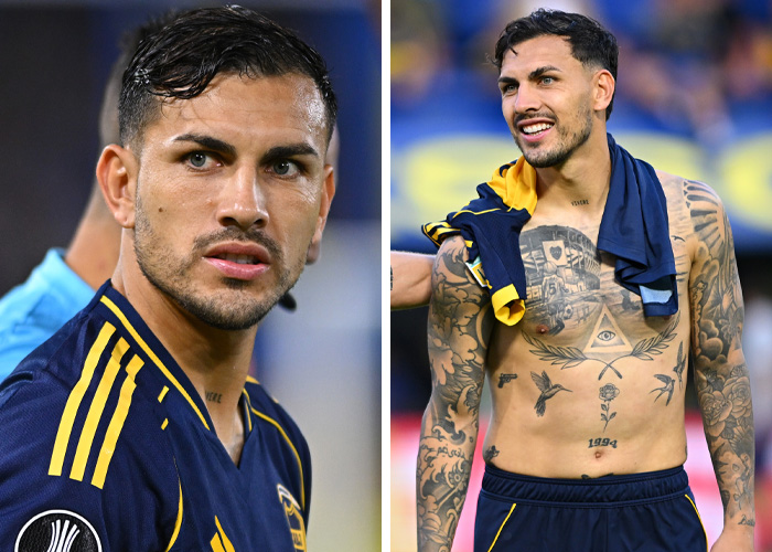 A split image of a World Cup heartthrob, one in a navy and yellow jersey, the other shirtless with tattoos.