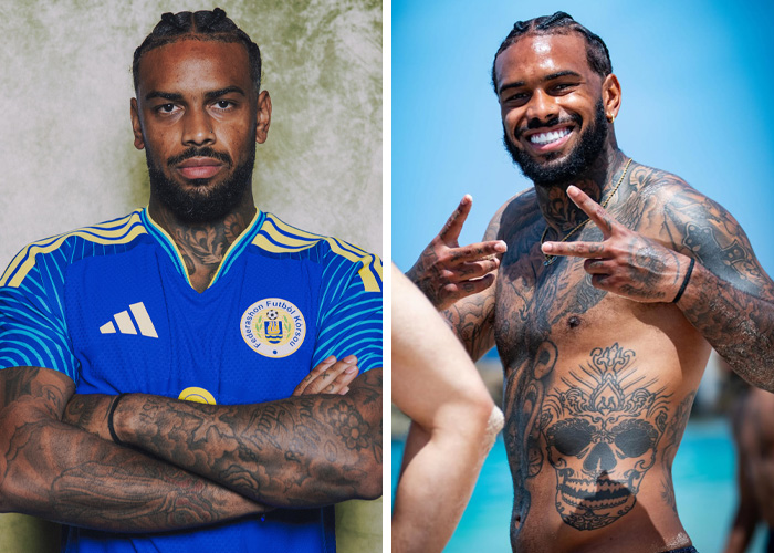A split image of a handsome World Cup heartthrob, one side in a blue jersey, the other shirtless with tattoos.