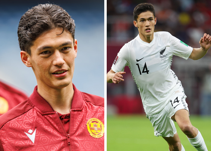 A split image of a World Cup heartthrob: on the left, smiling in a maroon jacket, and on the right, running on the field in a white jersey.