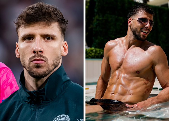 A split image of a World Cup heartthrob: on the left, serious in a dark jersey, and on the right, smiling in a pool with sunglasses.