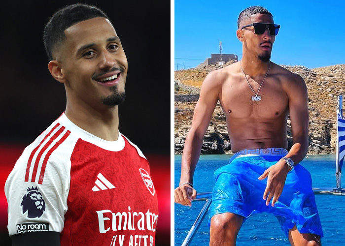 A split image of a World Cup heartthrob: on the left, smiling in a red and white jersey, and on the right, posing shirtless on a boat.
