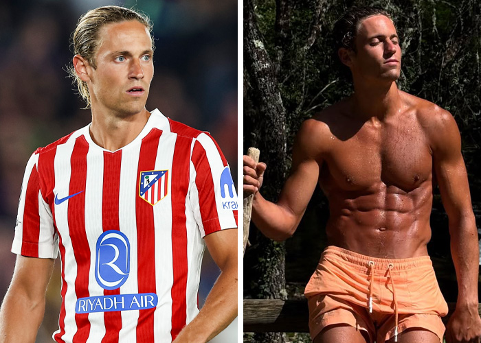 A split image of a World Cup heartthrob: on the left, in a red and white striped jersey, and on the right, shirtless, revealing his toned abs.