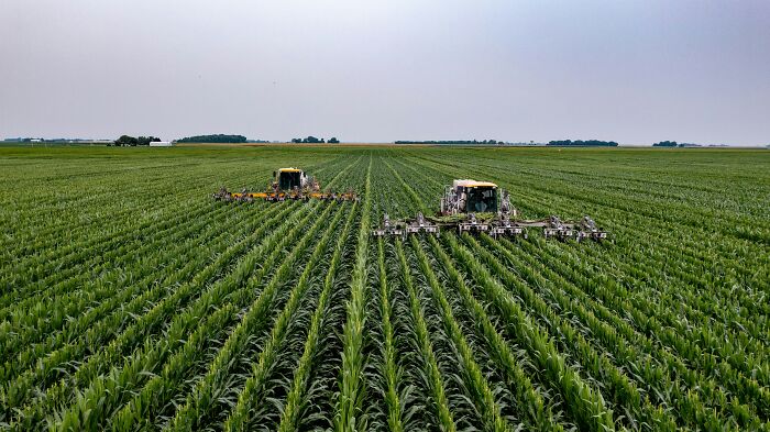 Tractors working on large farm field showing AI-caused great depression's effect on agriculture