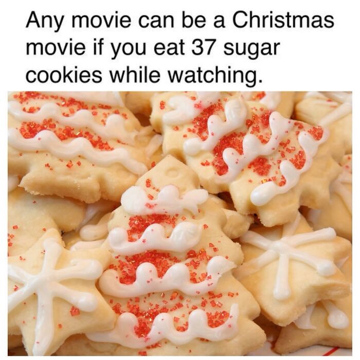 Close-up of Christmas sugar cookies with icing and sprinkles meme