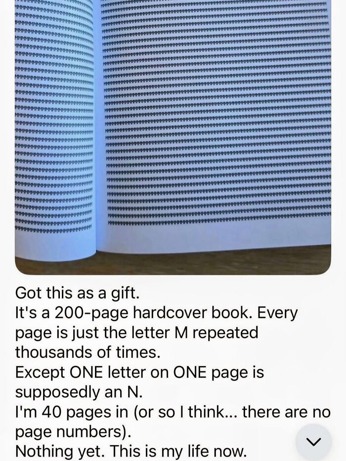 200-page book with repeated letter M and one letter N hidden on a page