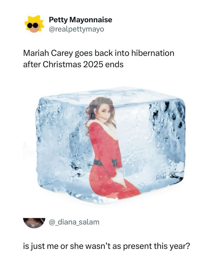 Mariah Carey meme frozen in ice cube after Christmas 2025 random memes