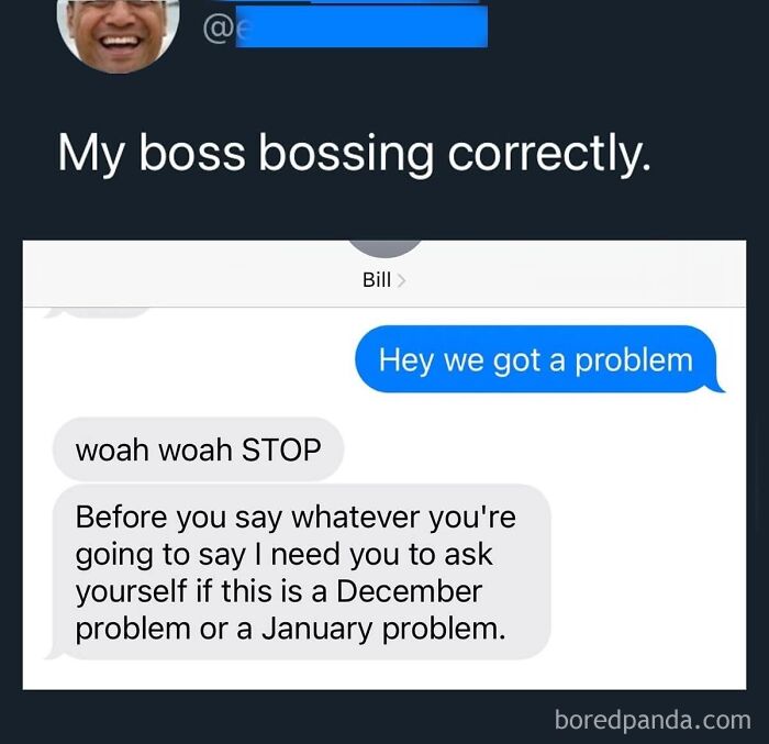 Funny text message meme about boss handling December vs January problems