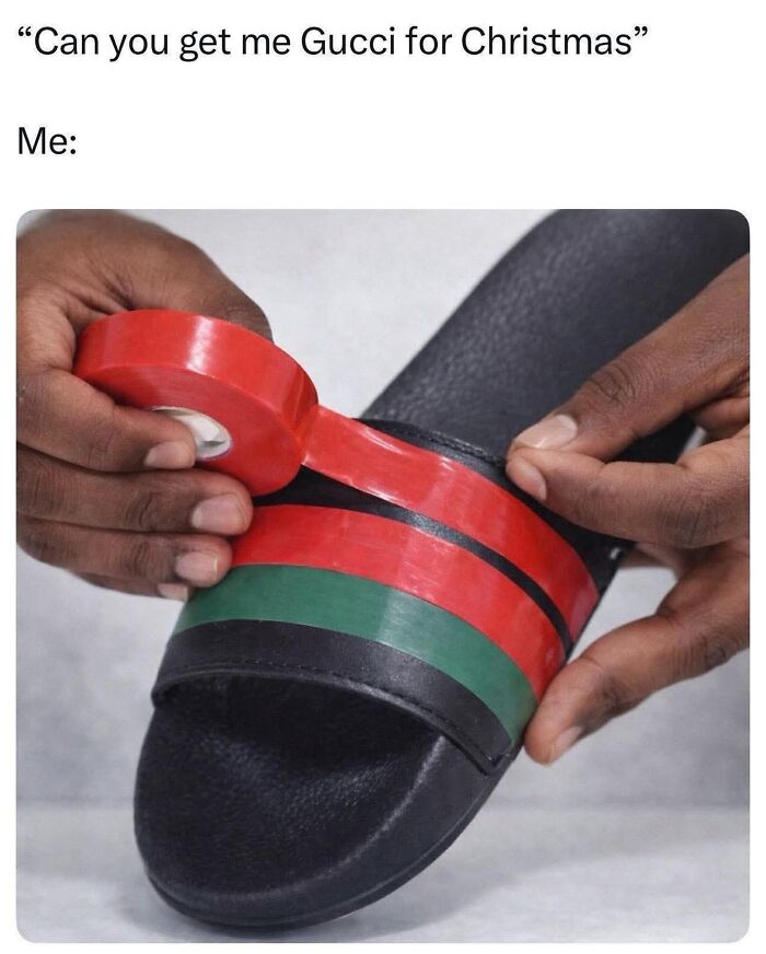 Person taping stripes on sandal to mimic Gucci design random memes