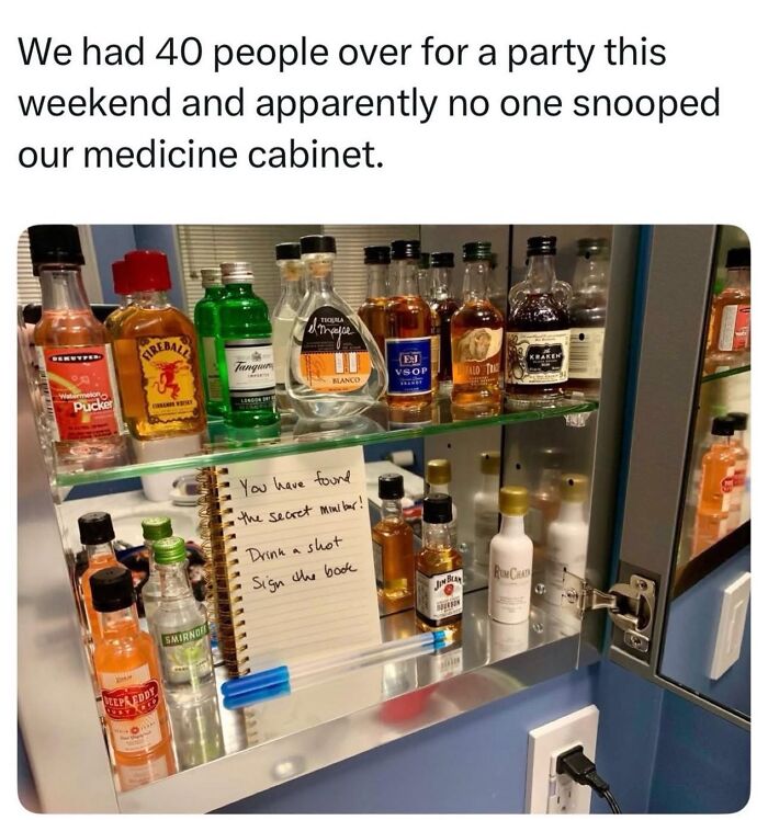 Meme showing a secret mini bar stocked in a medicine cabinet
