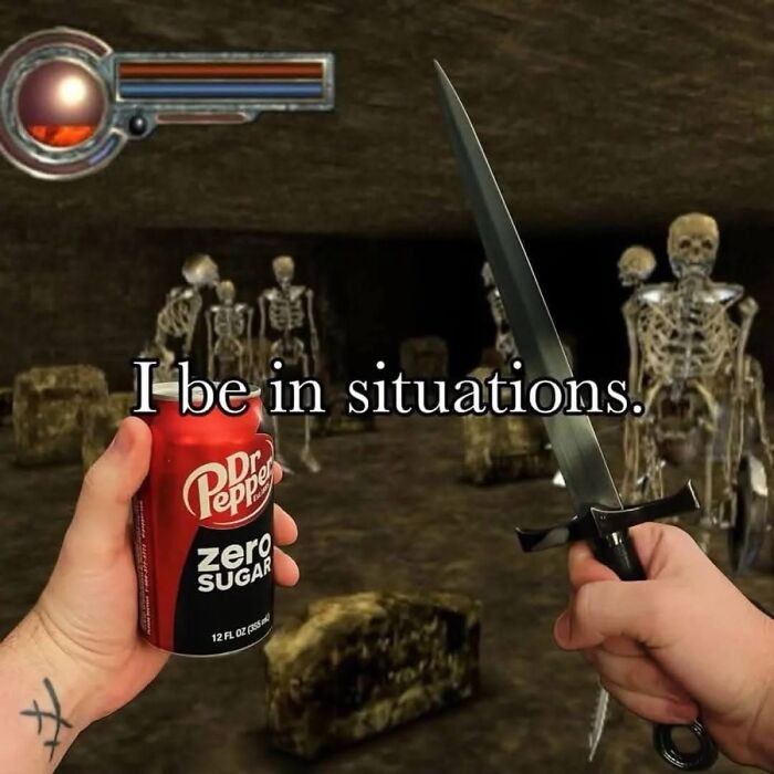 Random meme with gaming skeletons and Dr Pepper zero sugar in hand