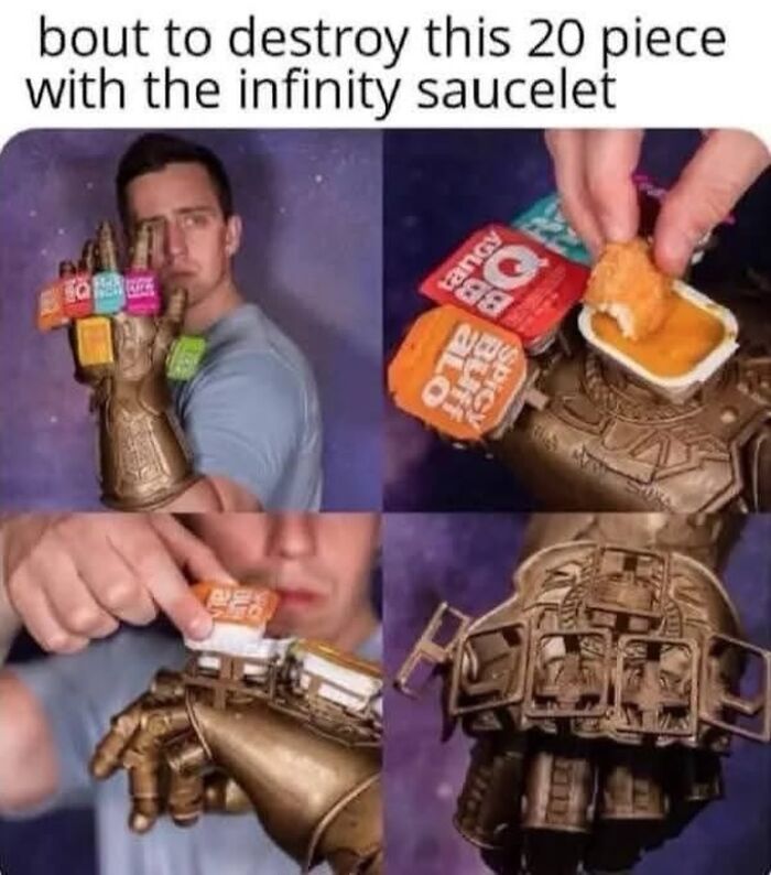 Meme of someone using Infinity Gauntlet to hold multiple dipping sauces