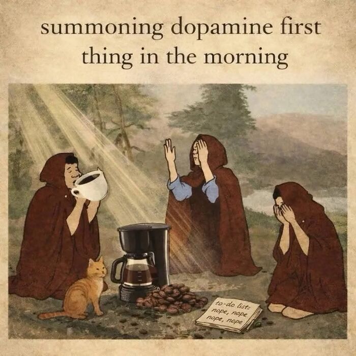 Illustration meme about summoning dopamine with coffee in the morning