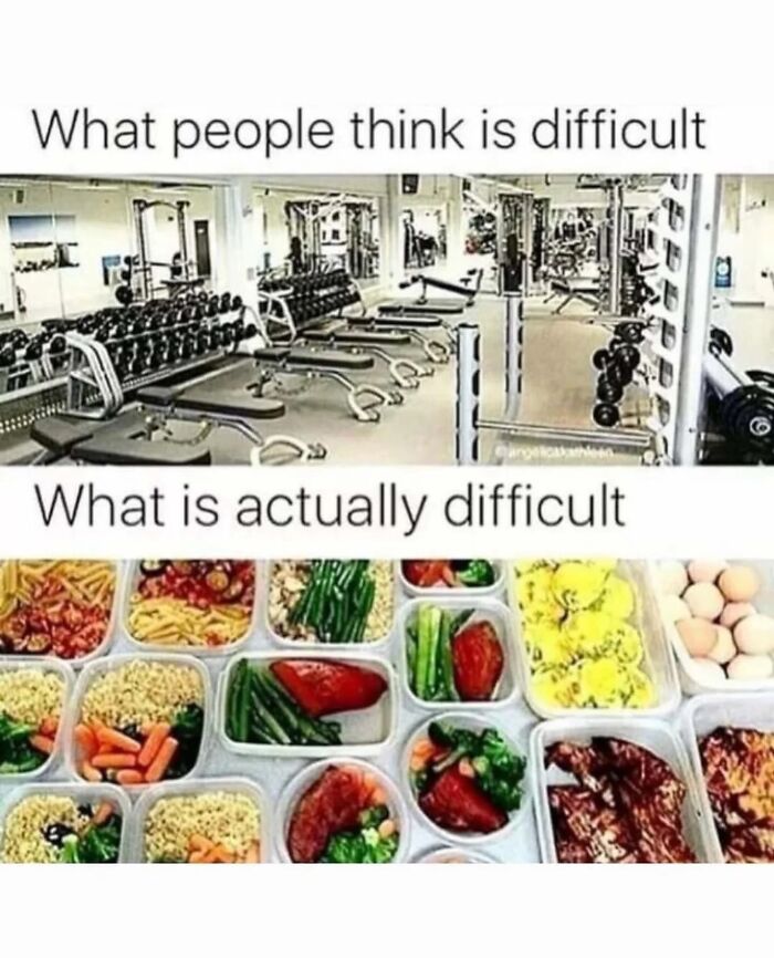 Fitness gym and meal prep containers showing what people think is difficult versus actual difficulty
