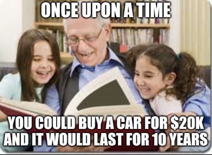 Old man reading book with kids meme about buying cars and lasting ten years random memes