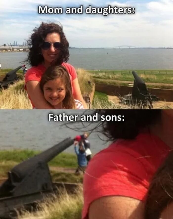 Funny mom and daughters versus father and sons outdoor photo meme random memes
