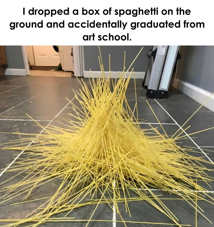 Spaghetti dropped on floor resembling art sculpture in random memes