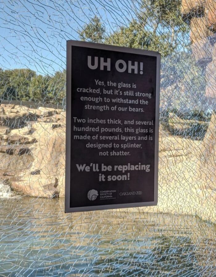 Cracked glass sign explaining strong bear enclosure glass being replaced soon