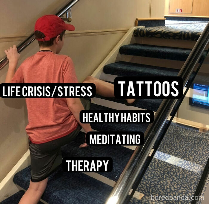 A boy climbing stairs, with different text labels on each step. The topmost step is labeled Tattoos.