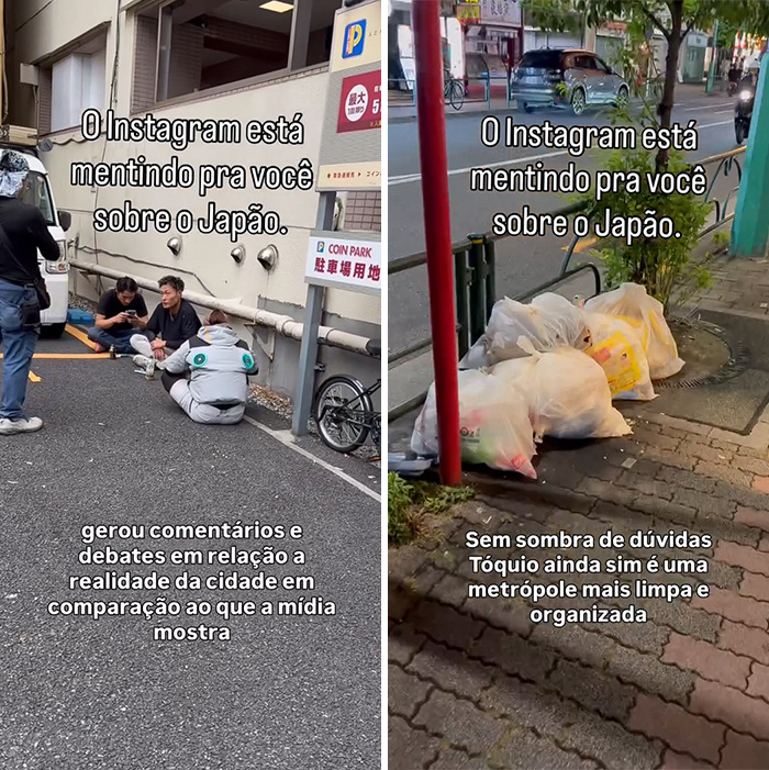 A tourist exposes the dark side of Japan, showing people sitting on the ground and trash bags on the street, contrasting media portrayals.
