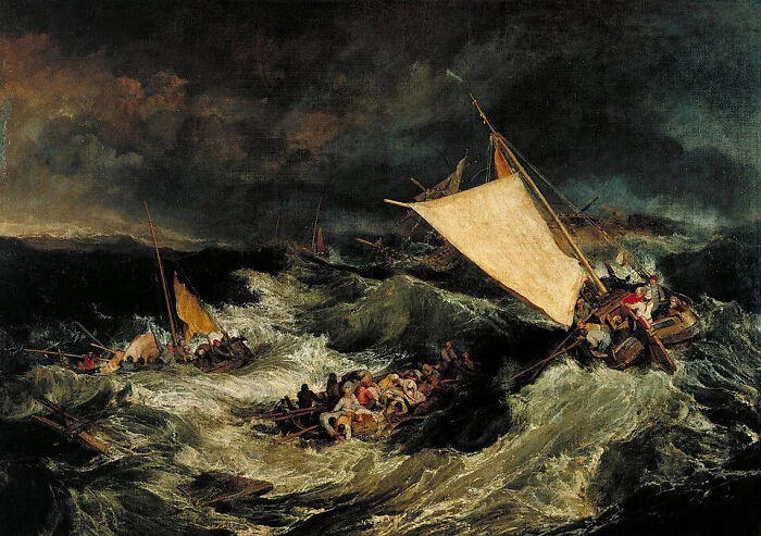 A painting of ships lost at sea during a stormy weather, symbolizing the challenges in finding lost treasures worth billions.