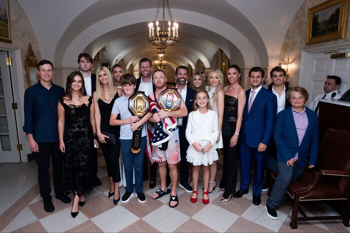 Large group posing at UFC 250 fight event inside the White House