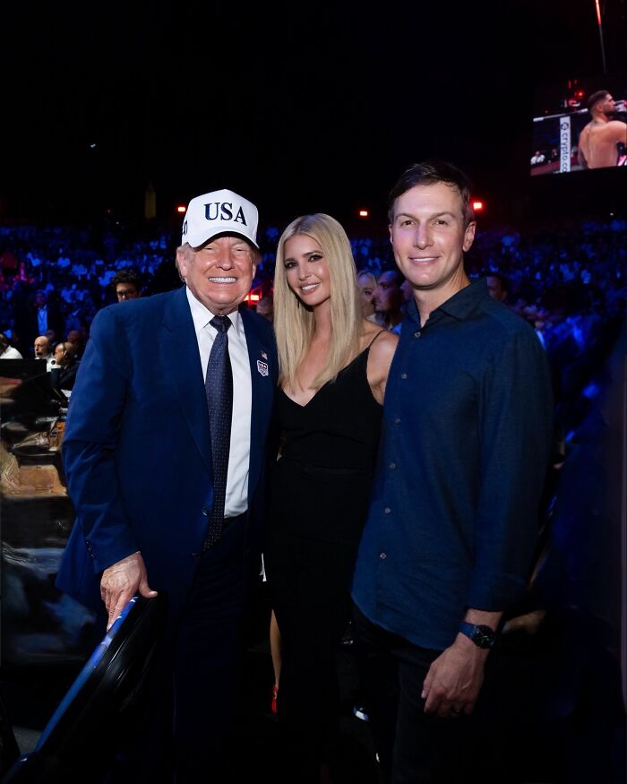 Donald Trump with guests attending UFC 250 fight on White House lawn in evening