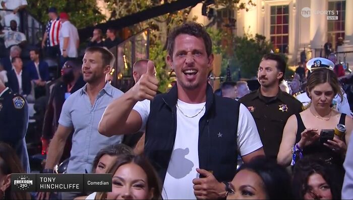 Comedian Tony Hinchcliffe giving thumbs up at UFC 250 fight on White House lawn