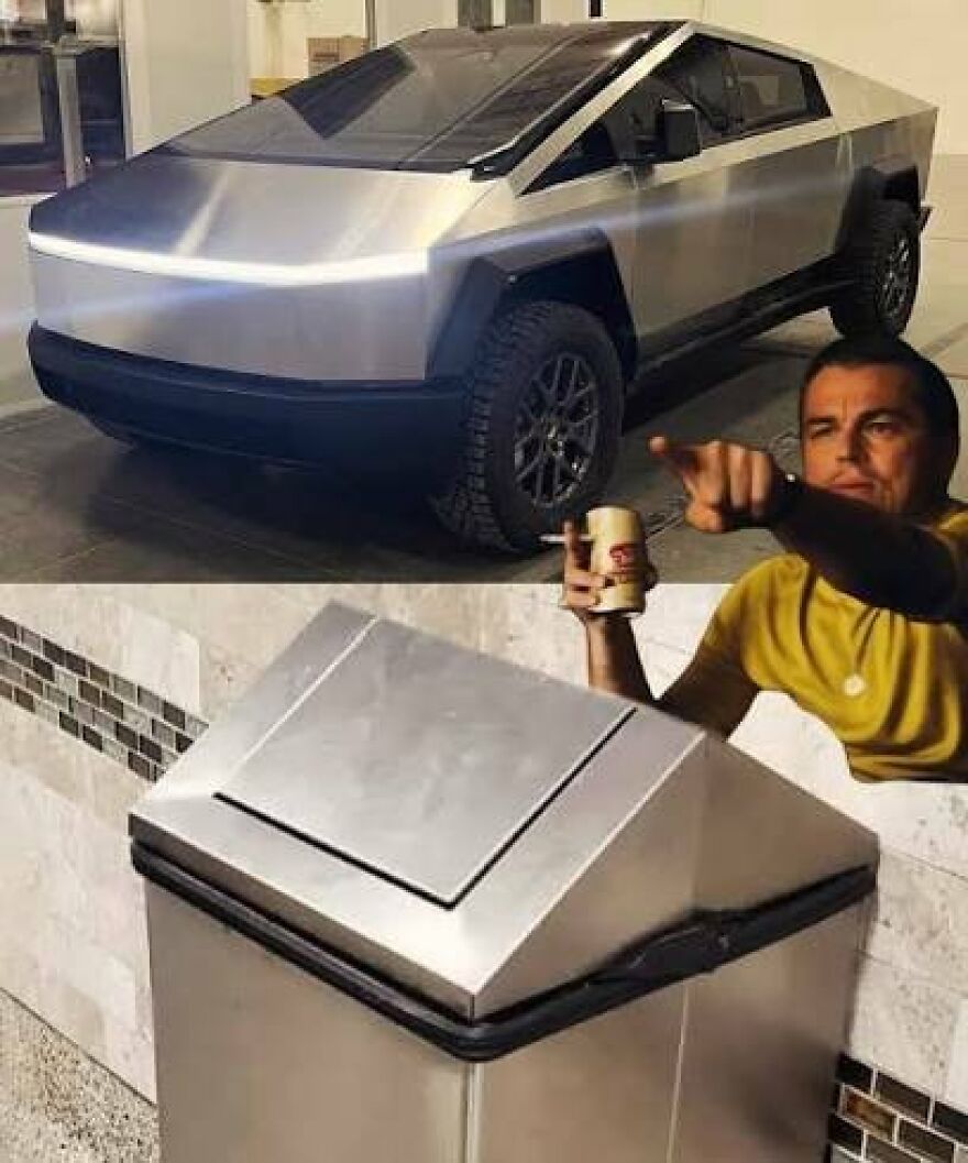 A meme with a Cybertruck and Leonardo DiCaprio pointing at a trash can, depicting an ugly car.