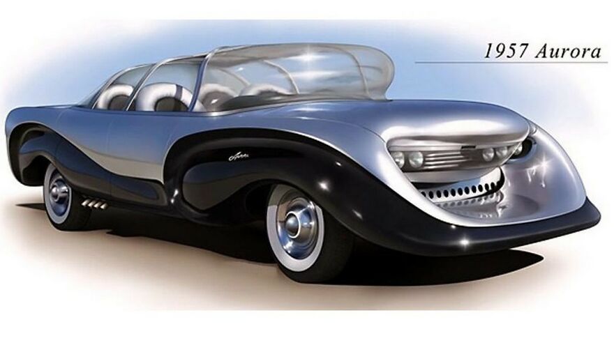 The 1957 Aurora, an ugly legendary car, with a distinctive bubble top and futuristic design.