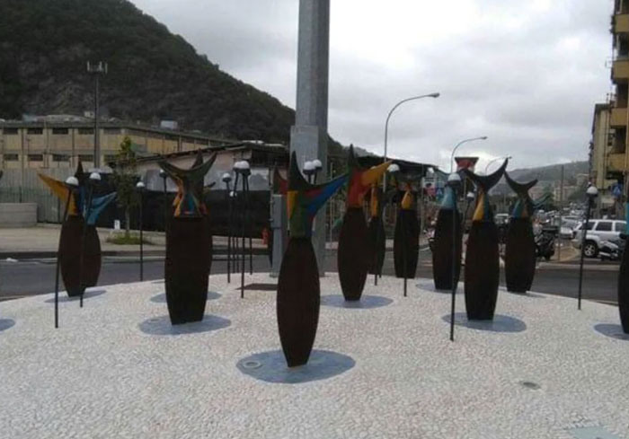 Abstract metal sculptures arranged in a public outdoor space